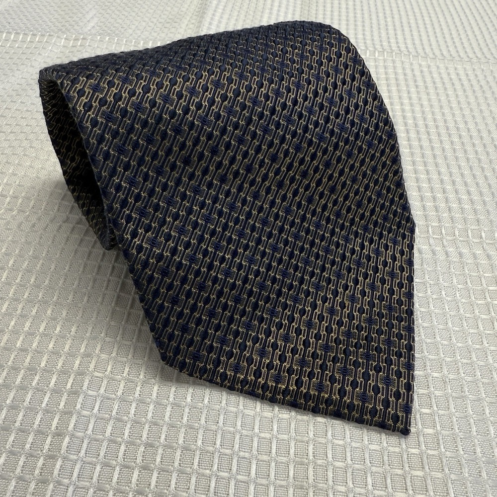Roberto Villini 100% Silk Tie Long Blue‎ Gold Geometric Elegant